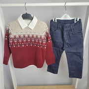 Boys Red Knitted Jumper, Shirt & Navy Jeans Set